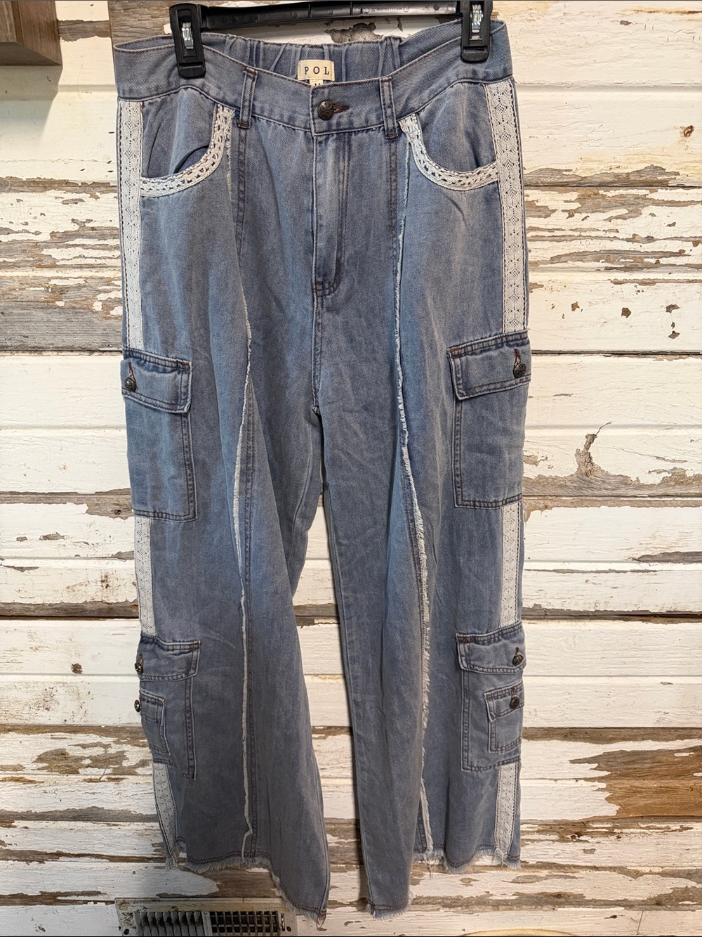 POL Wide-Leg Patchwork Cargo Jeans in Light Blue